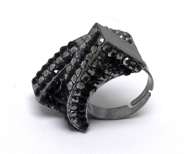 Multi crystal and scratch metal two half square designer style adjustable ring size