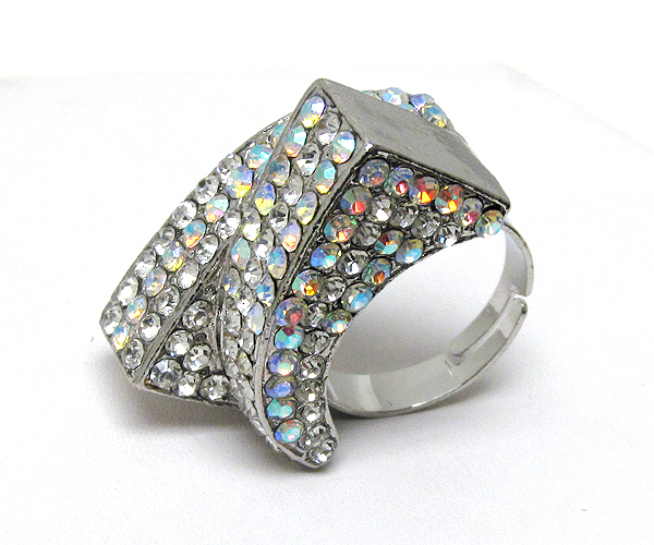 Multi crystal and scratch metal two half square designer style adjustable ring size