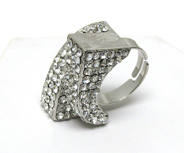 Multi crystal and scratch metal two half square designer style adjustable ring size