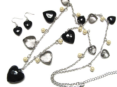 Multi heart and pearl beads dangle necklace and earring set