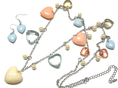 Multi heart and pearl beads dangle necklace and earring set