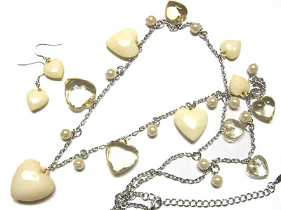 Multi heart and pearl beads dangle necklace and earring set