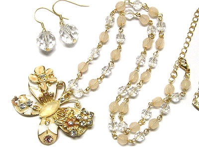 Crystal and hand paint butterfly necklace and earring set