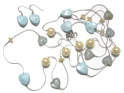 Multi heart and pearl beads long necklace and earring set