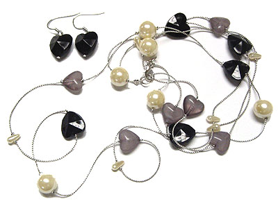 Multi heart and pearl beads long necklace and earring set