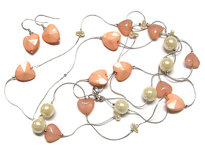 Multi heart and pearl beads long necklace and earring set