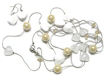 Multi heart and pearl beads long necklace and earring set