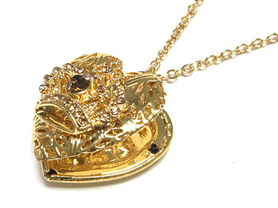 Crystal crown on heart locket charm necklace