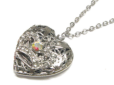 Crystal crown on heart locket charm necklace