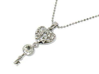 Made in korea whitegold plating crystal heart lock and key dangle necklace