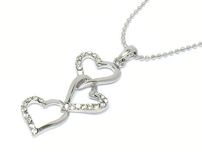 Made in korea whitegold plating triple crystal heart link necklace