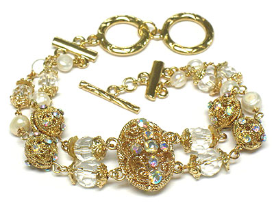 Boutique quality crystal deco metal filigree ball and glass beads link bracelet