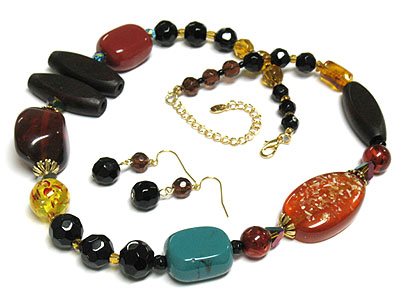 Multi shape natural looking glass and other material beads necklace and earring set