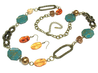 Patina and chunky metal chain link long necklace and earring set