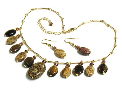 Semi precious multi agate stone dangle necklace and earring set