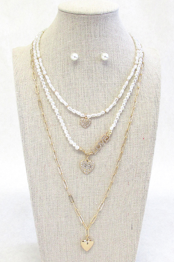 Multi heart pendant and multi pearl chain necklace set