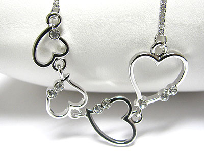 Made in korea whitegold plating crystal stud multi heart link necklace -valentine