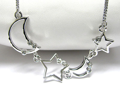 Made in korea whitegold plating crystal stud multi moon and star link necklace