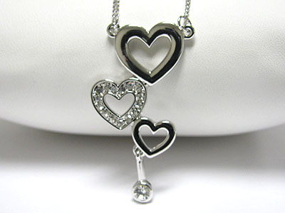 Made in korea whitegold plating crystal triple heart and ball cascade drop necklace