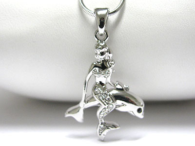 Made in korea whitegold plating crystal mermaid and dolphin pendant necklace