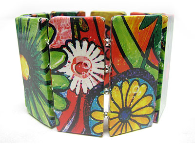 Paper art work wood stretch bracelet - flower tattoo theme 