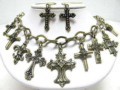 Multi antique style cross charm dangle necklace set