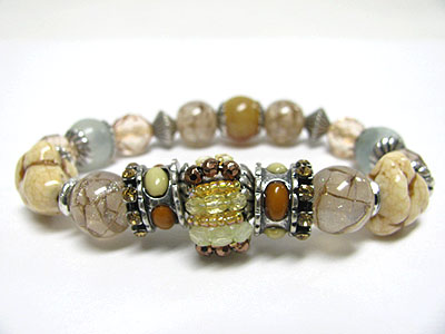 Crystal accent natural stone and mixed beads stretch bracelet