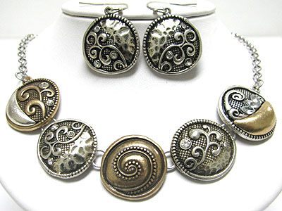 Tri tone multi texture round disk link necklace set