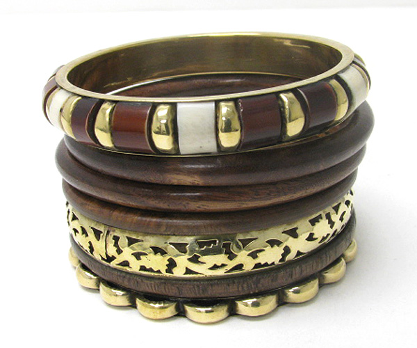 Multi wood and metal casting bangle bracelet set