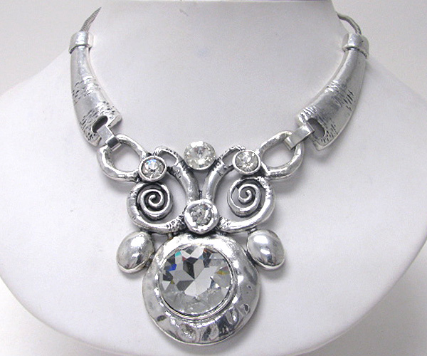 Architectural style facet glass and crystal deco metal necklace