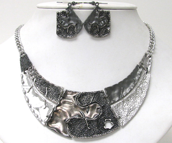 Multi textured metal link half chocker style necklace earring set