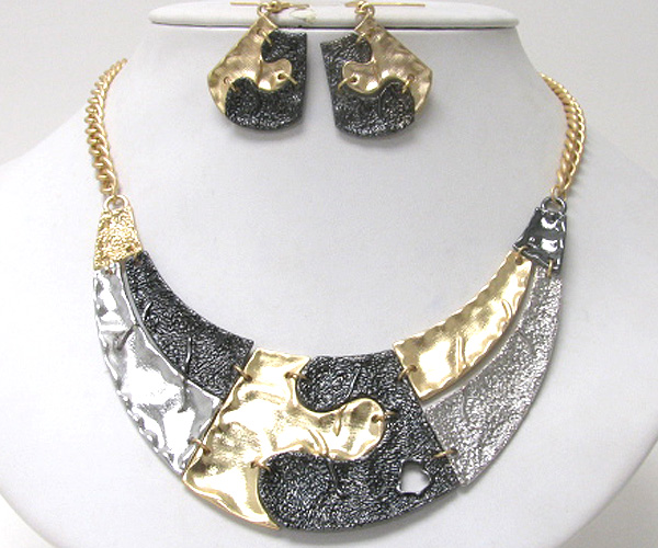 Multi textured metal link half chocker style necklace earring set