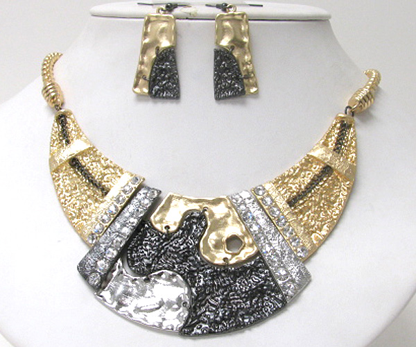 Crystal and multi textured metal link half chocker necklace earring set