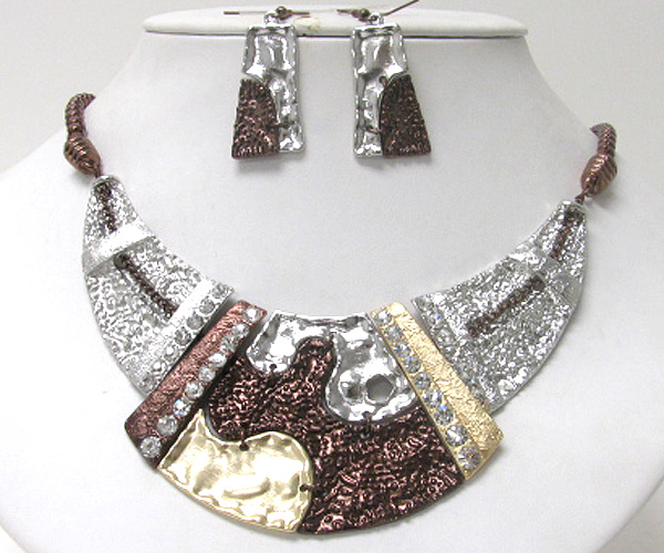 Crystal and multi textured metal link half chocker necklace earring set