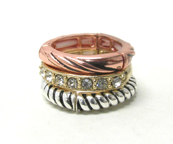 Crystal and metal filigree stackable stretch ring set