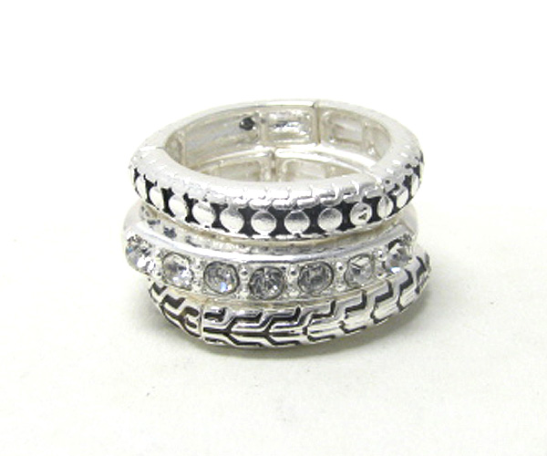 Crystal and metal filigree stackable stretch ring set