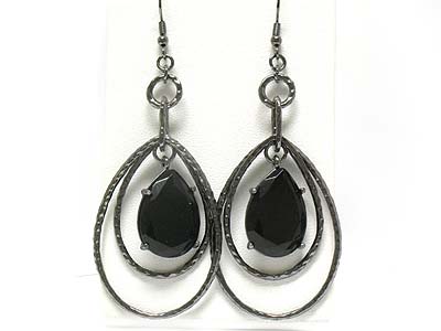 Tear shape stone and double metal deco drop earring