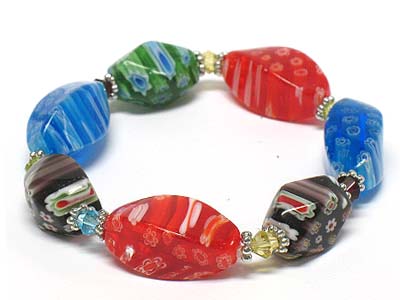 Multi color flower pattern glass elastic bracelet