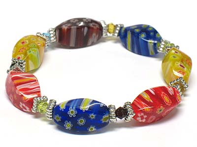 Multi color flower pattern glass elastic bracelet