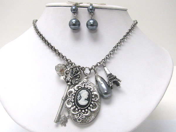 Cameo and  antique metal charm dangle necklace earring set