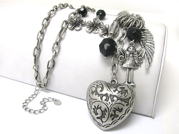 Antique filigree metal heart and mixed charm dangle long necklace earring set 