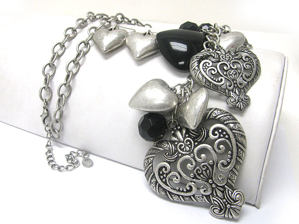 Multi antique filigree metal heart charm dangle long necklace earring set 