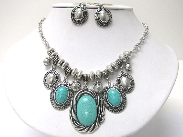 Antique metal multi oval turquoise stone dangle necklace earring set