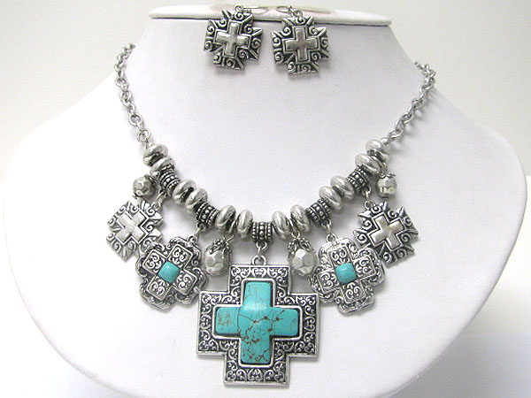 Antique metal multi cross turquoise stone dangle necklace earring set