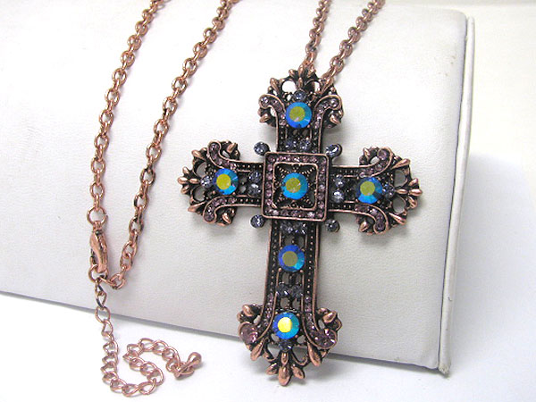 Crystal stud large cross pendant long necklace earring set