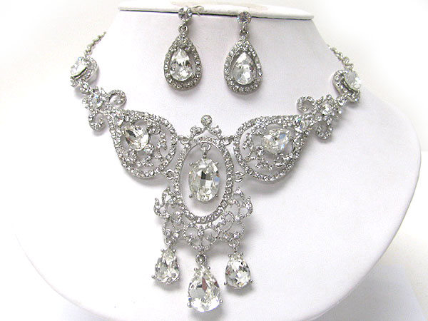 Crystal tear drop and rhinestone necklace earring set