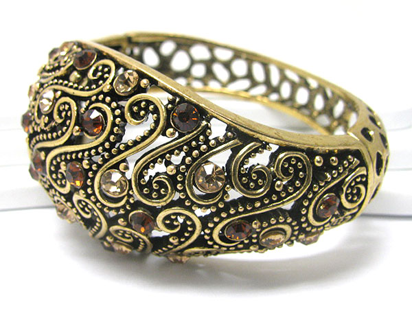 Crystal stud filigree puffy metal hinge bangle