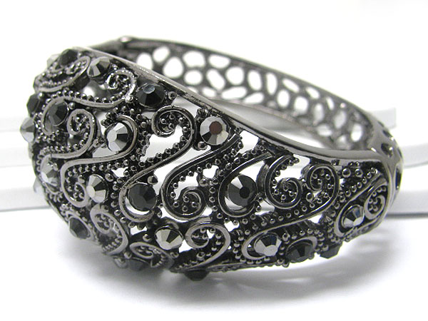 Crystal stud filigree puffy metal hinge bangle