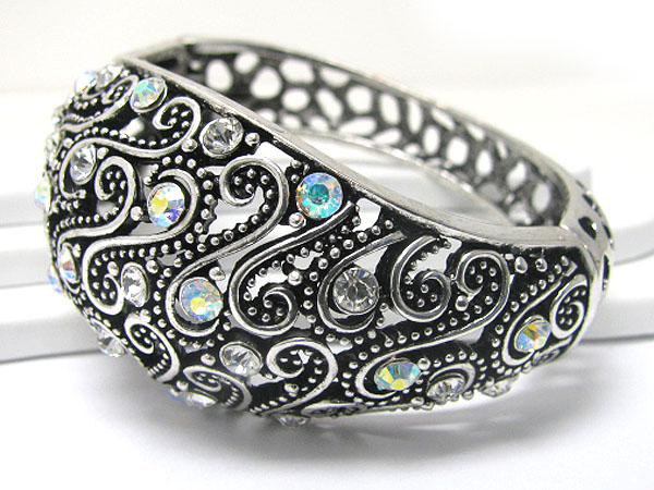 Crystal stud filigree puffy metal hinge bangle