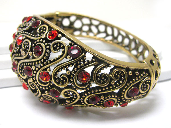 Crystal stud filigree puffy metal hinge bangle